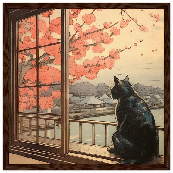 Black Cat at Japanese Window Cherry Blossom Town View Woodblock Poster