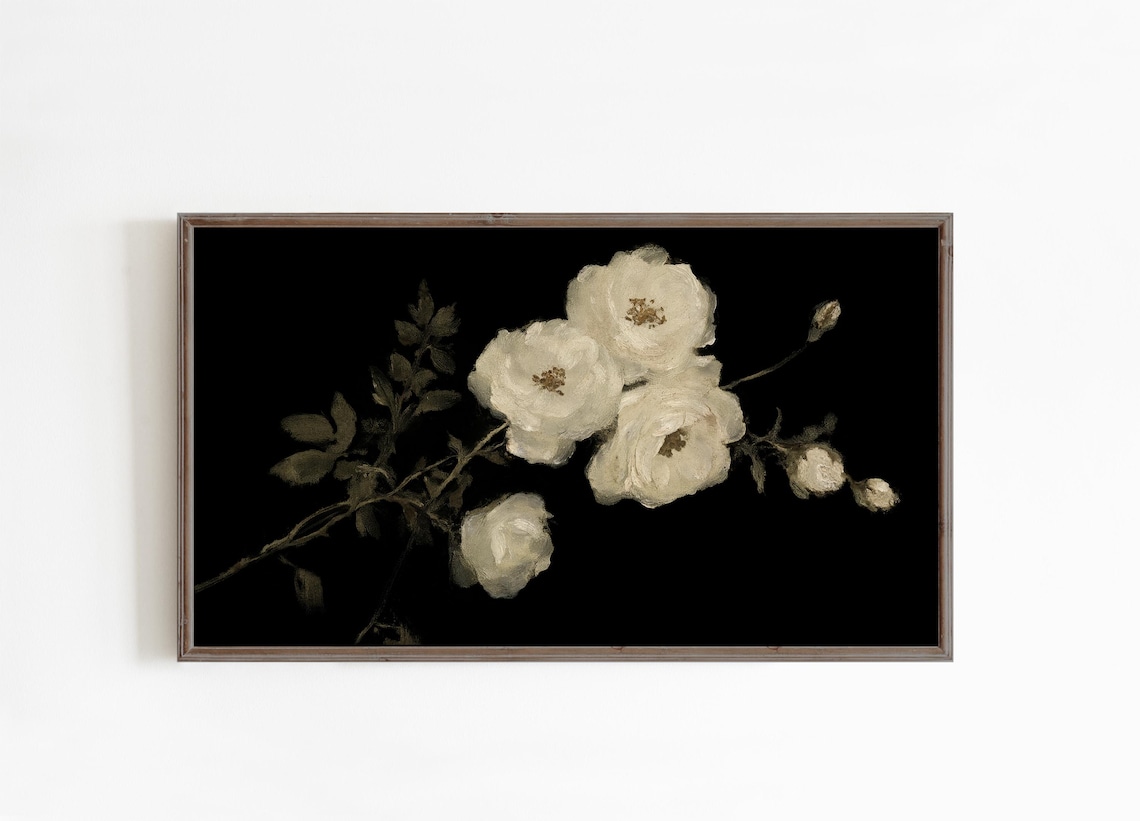 Dark Moody White Roses Floral Oil Painting Elegant Decor Wall Art