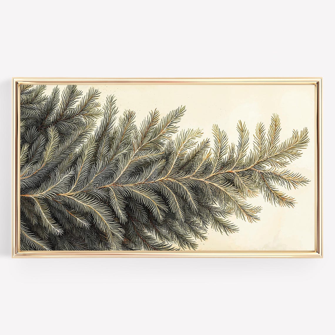 Frame TV Art Winter Evergreen Branches Vintage Botanical Gold Poster
