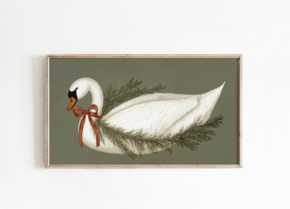 White Christmas Swan with Pine Garland and Bow Holiday Wall Art - Image 4