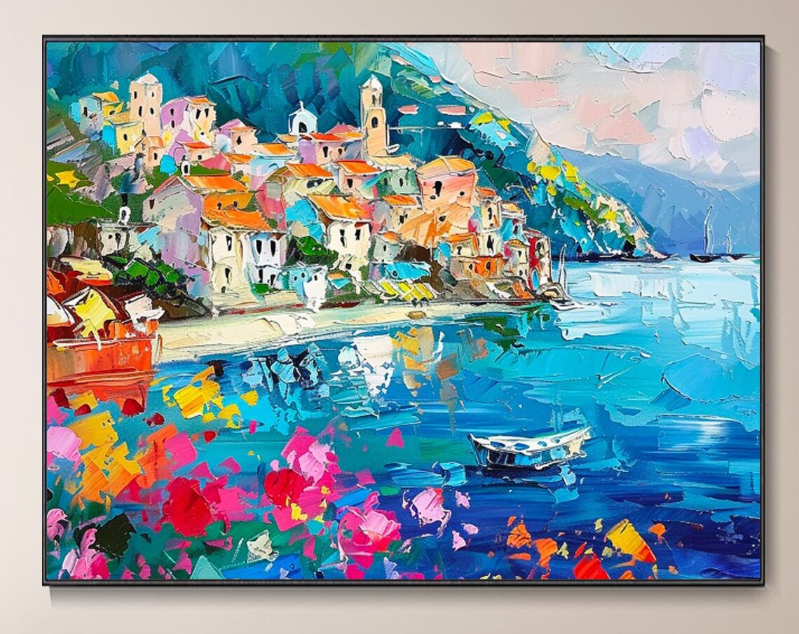 Mediterranean Coastal Village Harbor Blue Sea Palette Knife Poster