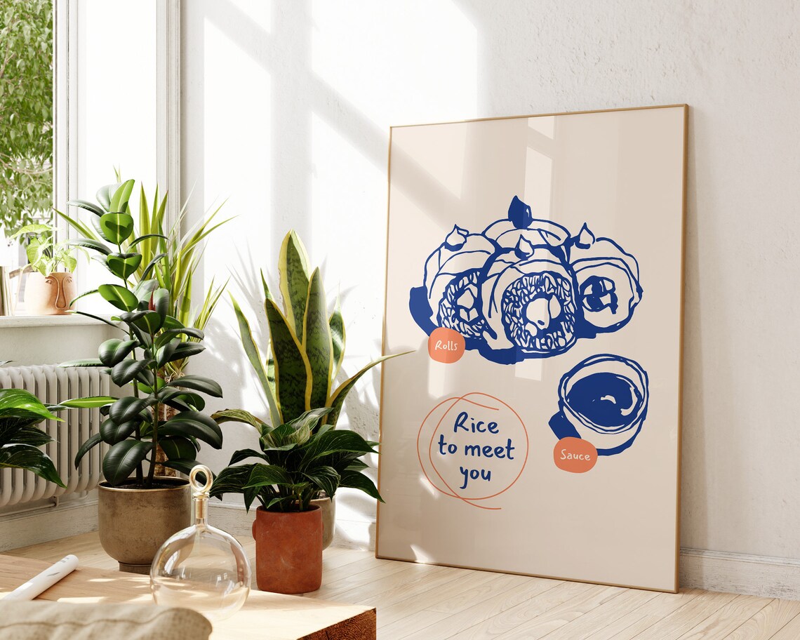 Rice To Meet You Sushi Pun Japanese Food Funny Blue Kitchen Poster