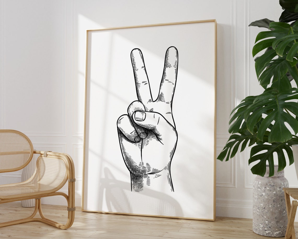 Peace Sign Hand Gesture Minimal Line Art Drawing Wall Poster - Image 2