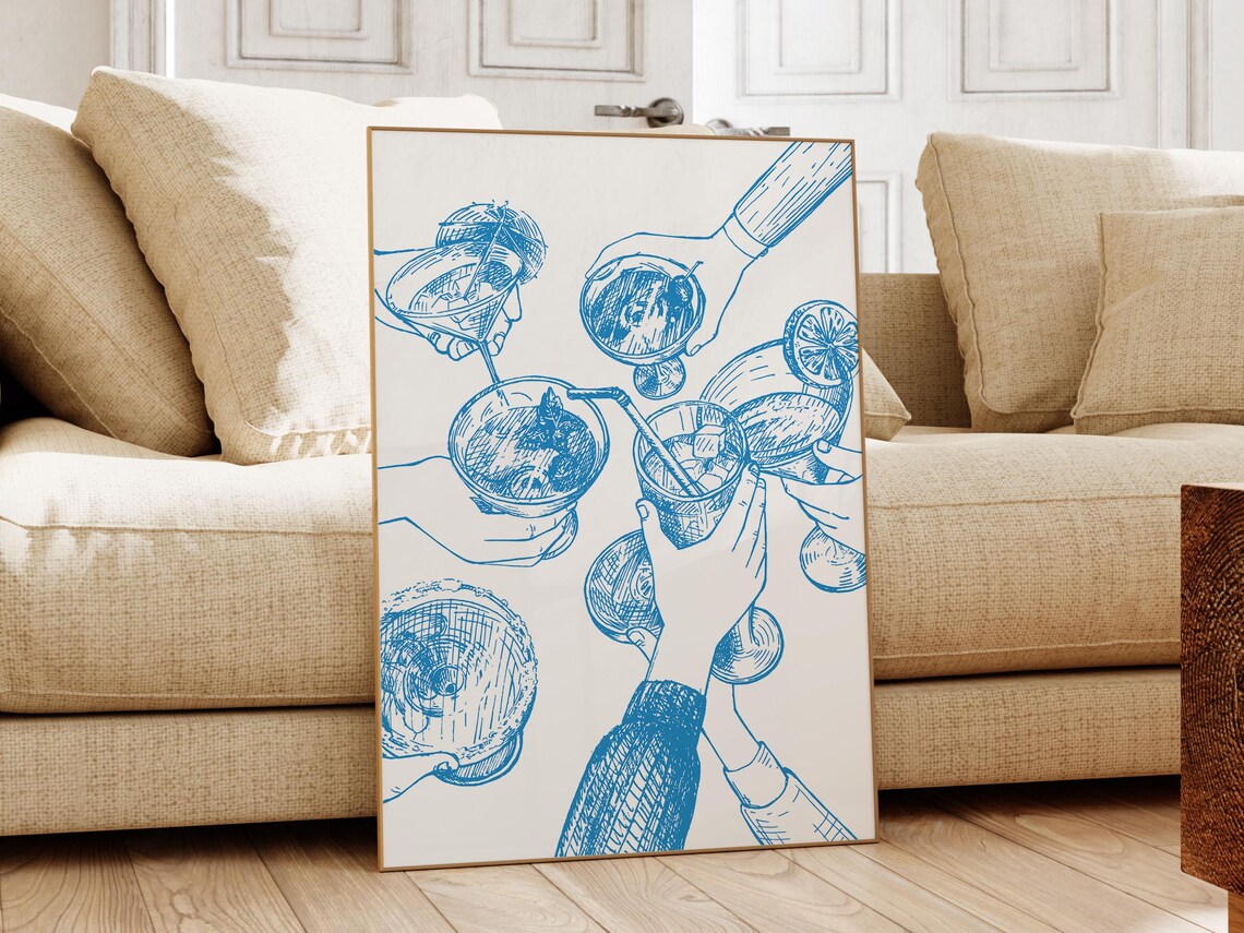 Cheers Cocktail Party Blue Line Art Bar Cart Drinks Fun Poster