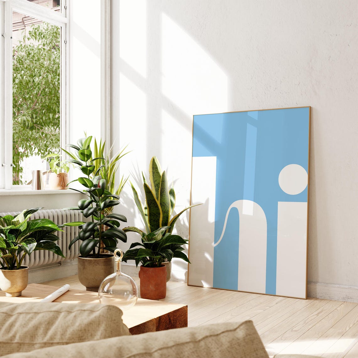Hi Blue White Abstract Minimalist Typographic Letter Art Poster