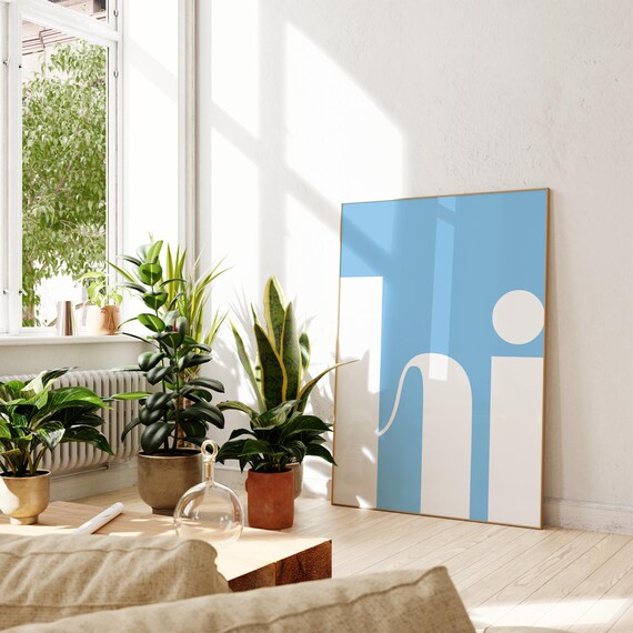 Hi Blue White Abstract Minimalist Typographic Letter Art Poster