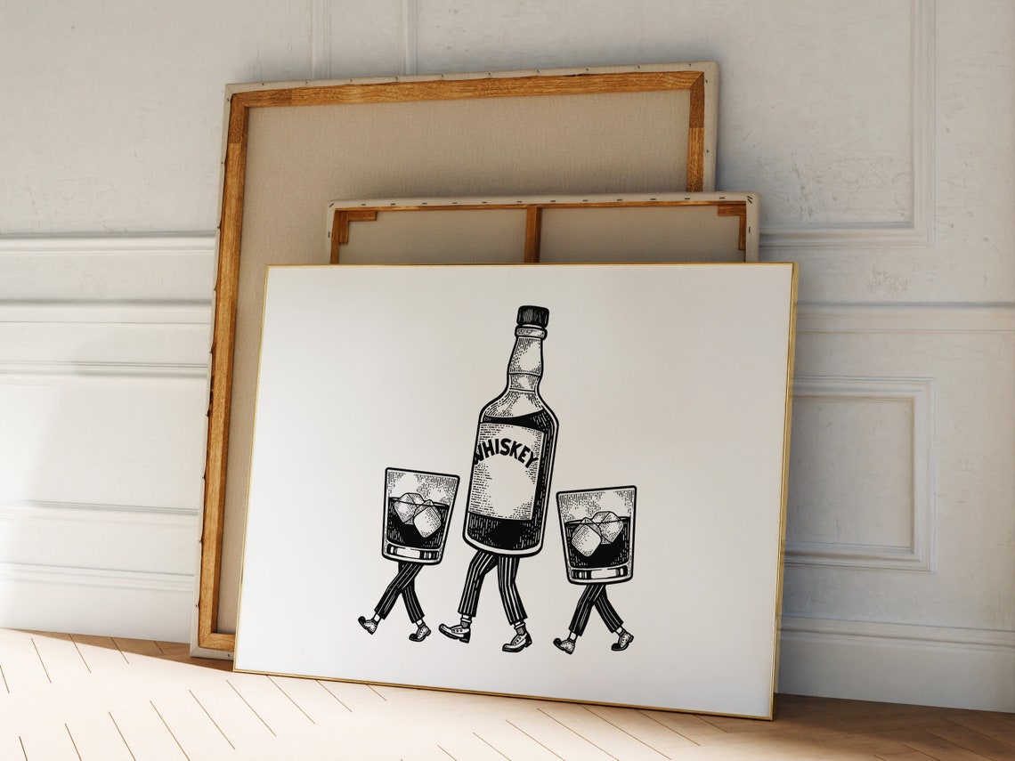 Whiskey Walking Bottle Retro Bar Cart Illustration Funny Drinks Poster