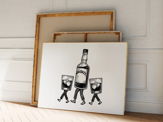 Whiskey Walking Bottle Retro Bar Cart Illustration Funny Drinks Poster