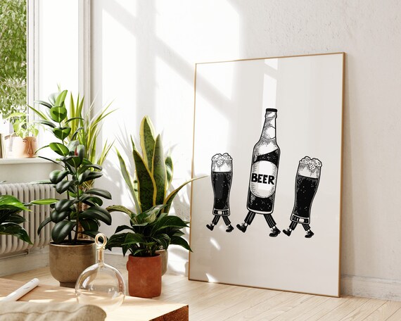 Funny Walking Beer Bottle Trio Vintage Kitchen Bar Cart Poster