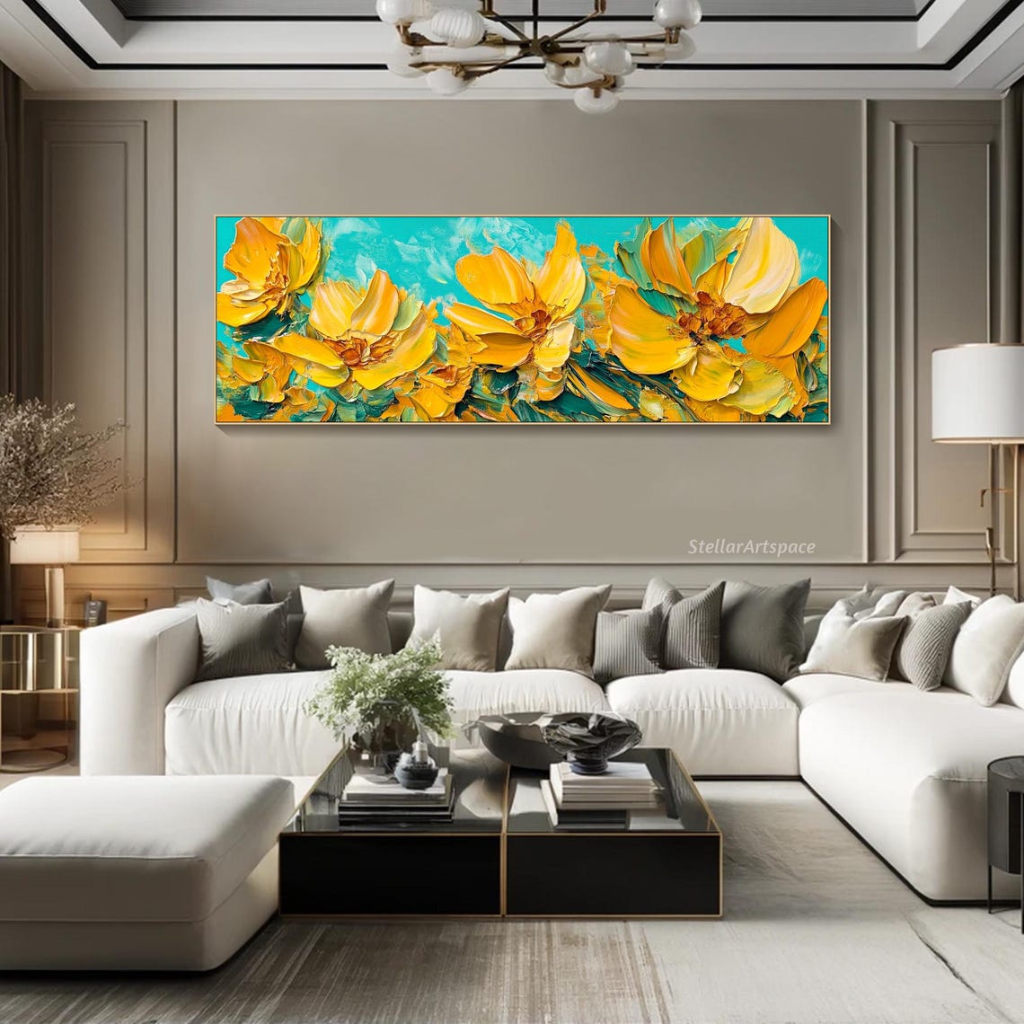 Bright Yellow Blossom Field Turquoise Sky Impasto Floral Art Poster - Image 3