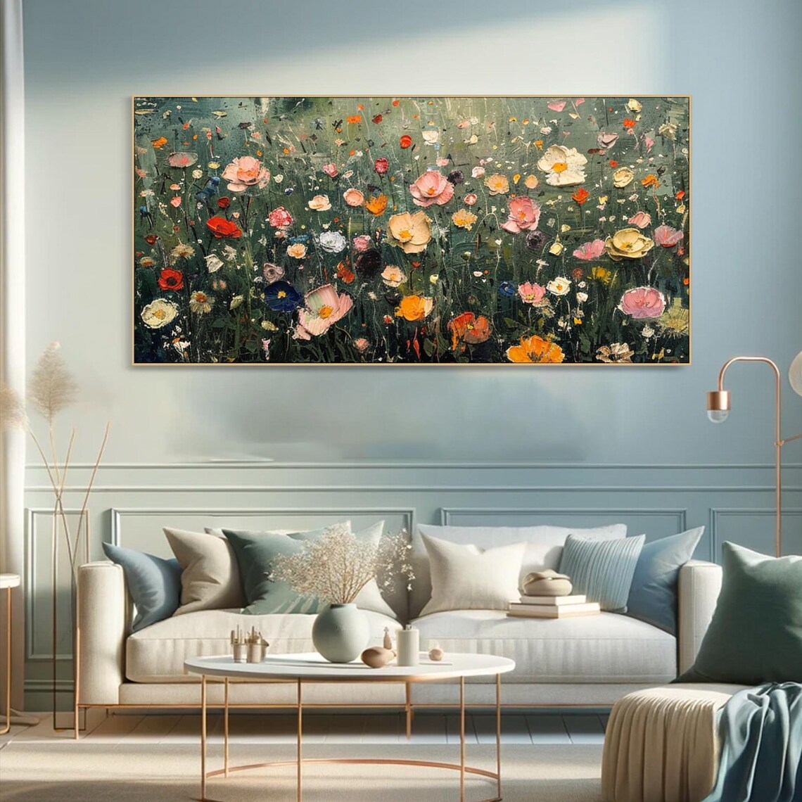 Colorful Wildflower Meadow Dark Green Textured Oil Painting Poster - Image 4