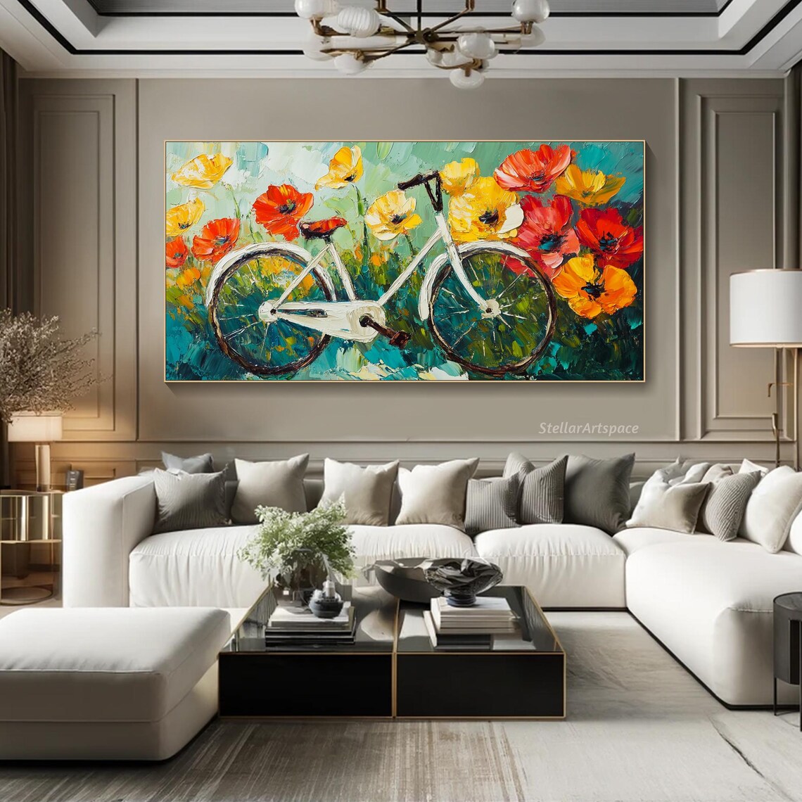 White Bicycle Giant Poppies Colorful Impasto Floral Bike Art Poster - Image 2