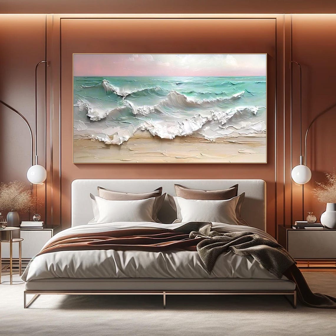 Ocean Waves White Foam Pastel Sky Sandy Shore Textured Seascape Poster - Image 6