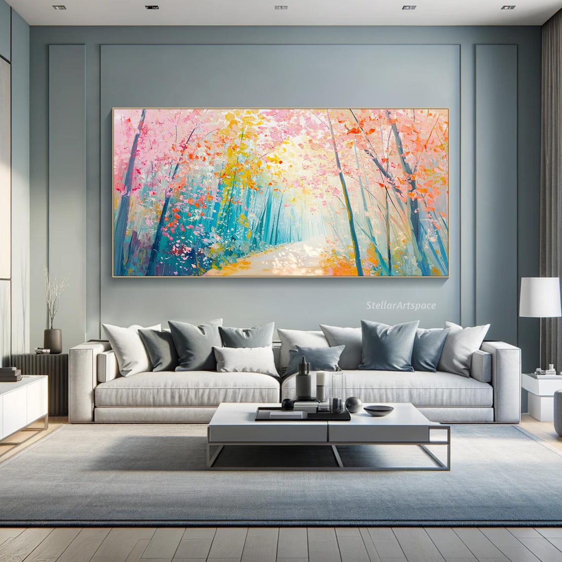 Spring Forest Path Pink Blossoms Teal Trees Light Trail Wall Art - Image 6