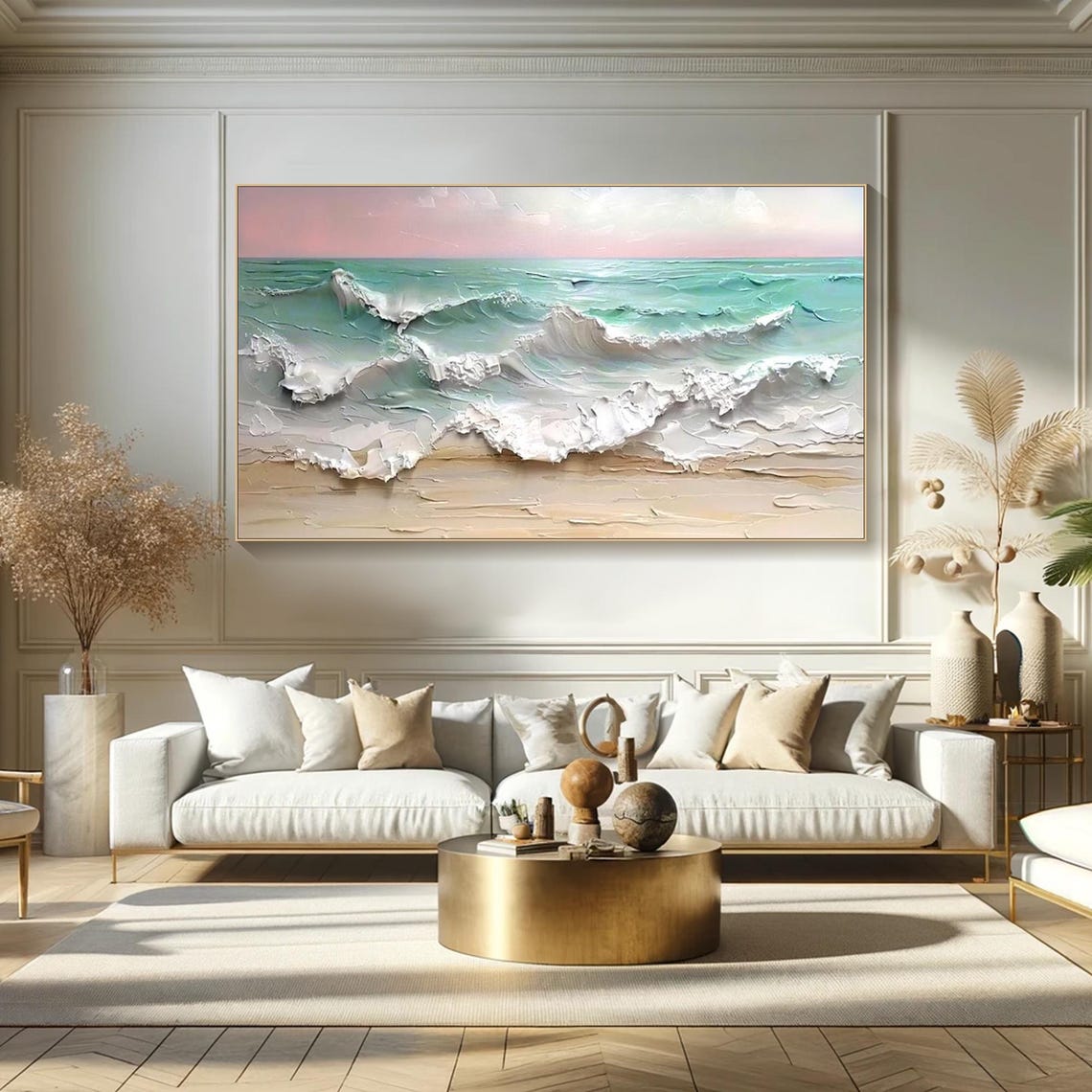 Ocean Waves White Foam Pastel Sky Sandy Shore Textured Seascape Poster - Image 2