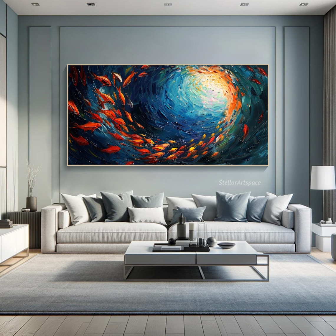 Fish Swarm Oil Painting, Abstract Ocean Art Print - Image 2
