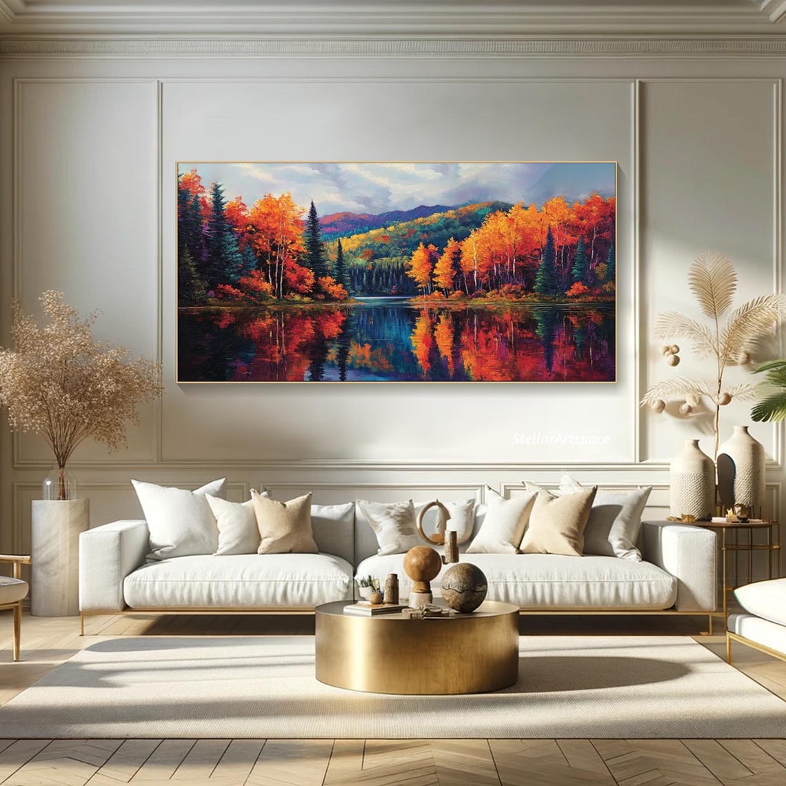 Autumn Forest Lake Mirror Reflection Fiery Orange Trees Art Poster - Image 3