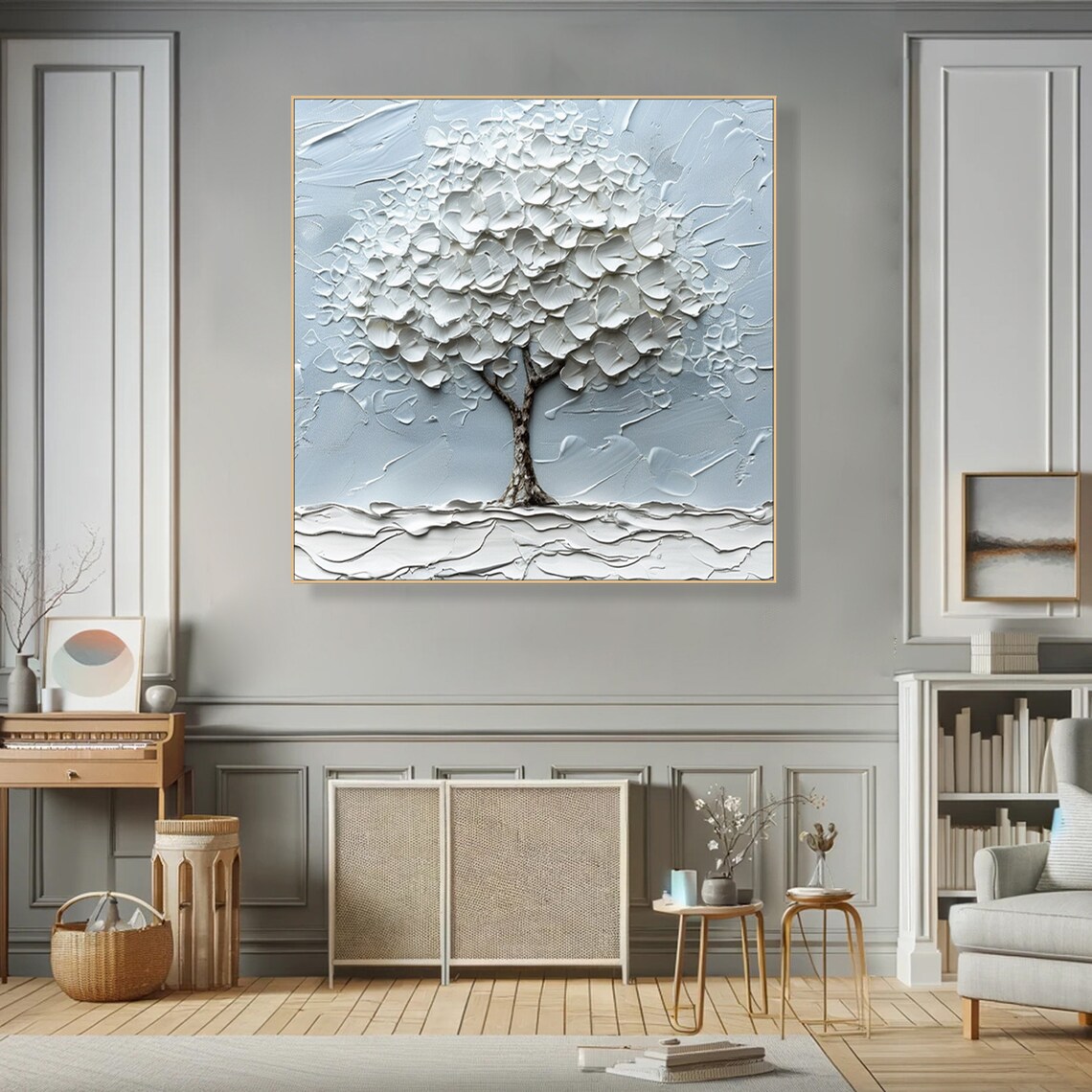 White Tower Tree Oil Painting On Elegant Abstract Tree Texture Wall Art Unique Tree Living Room Decor Custom Over Sofa Decor - Image 4