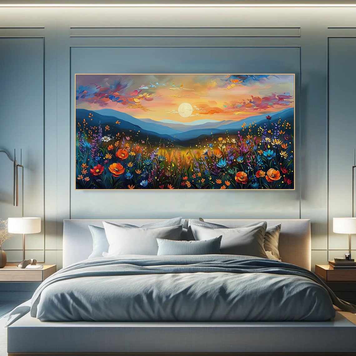 Colorful Flowers Under Gold Sun Scenic Landscape Oil Painting Colorful Wildflowers Art Large Wall Art Living Room Decor Nature Inspired Art - Image 5