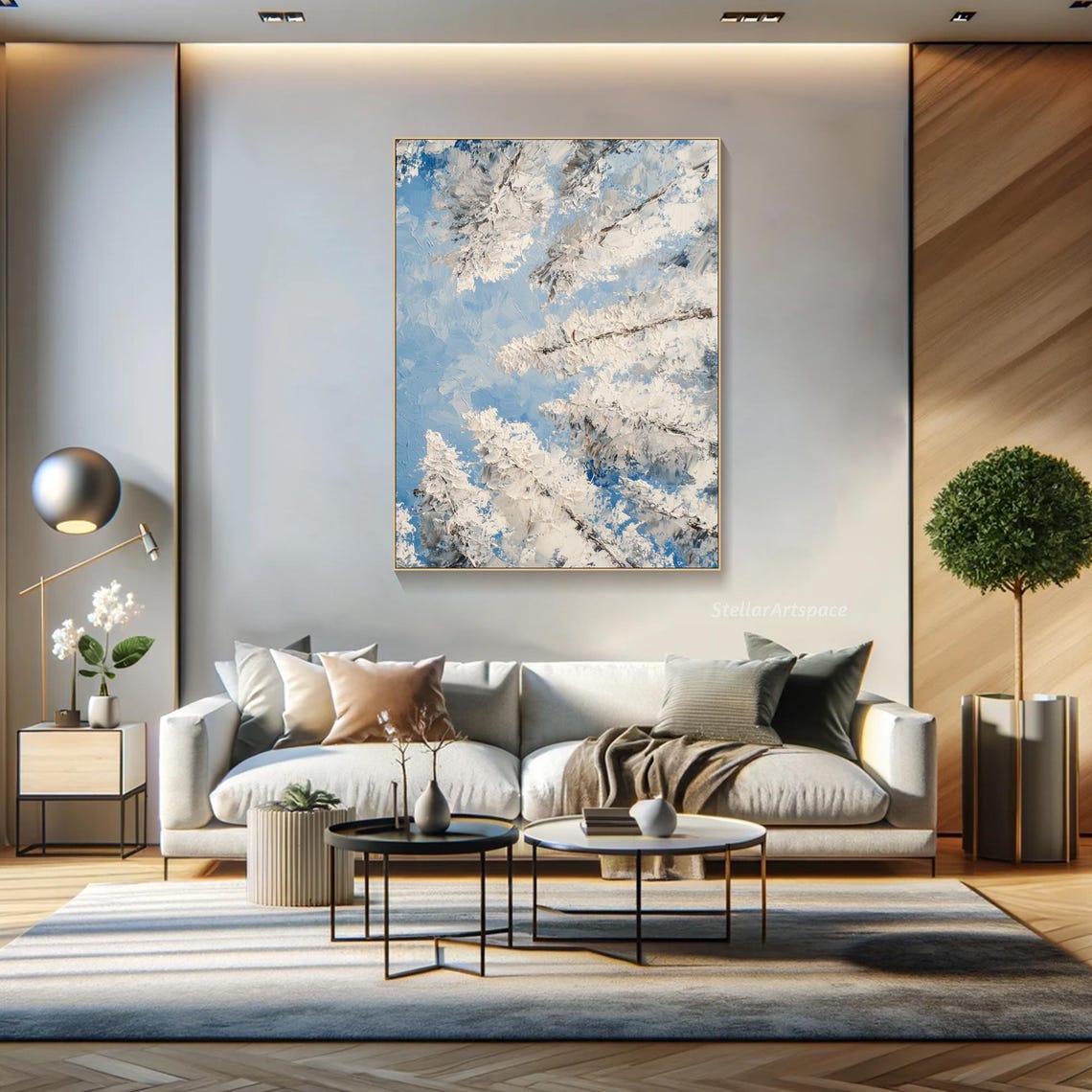 Snowy White Pine Branches Blue Sky Diptych Textured Winter Poster - Image 4