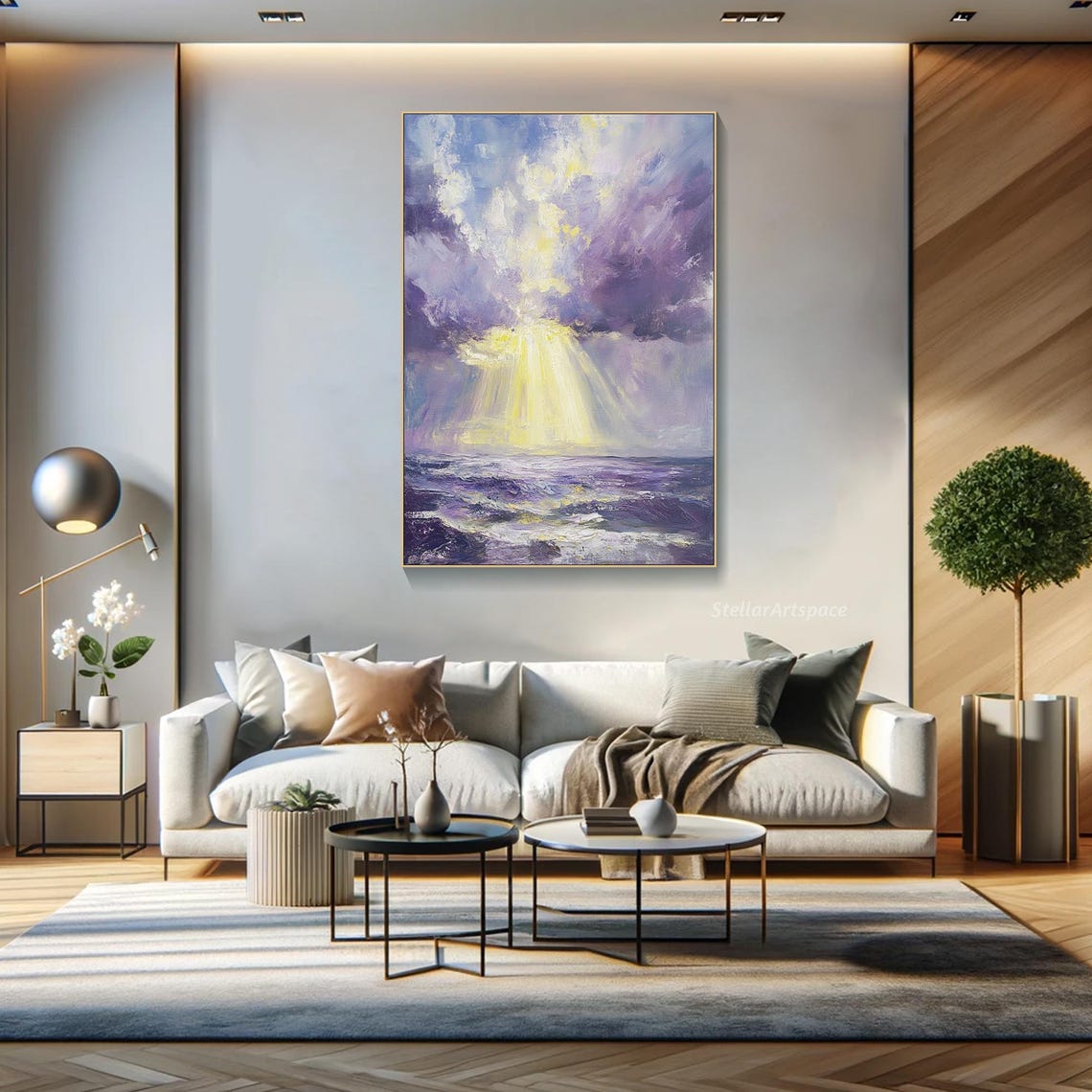 Purple Ocean Sunbeam Through Storm Clouds Textured Seascape Poster - Image 4