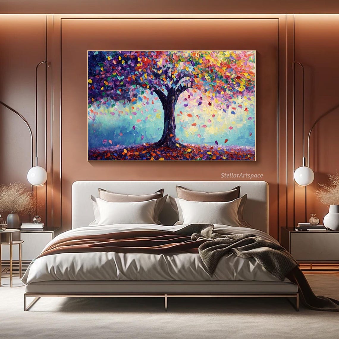 Colorful Rainbow Tree Falling Leaves Impasto Textured Art Poster - Image 2
