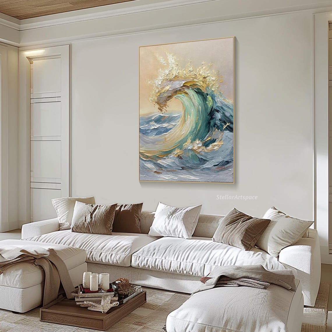 Ocean Wave Curl Blue Sea Gold Spray Textured Impasto Art Poster - Image 6