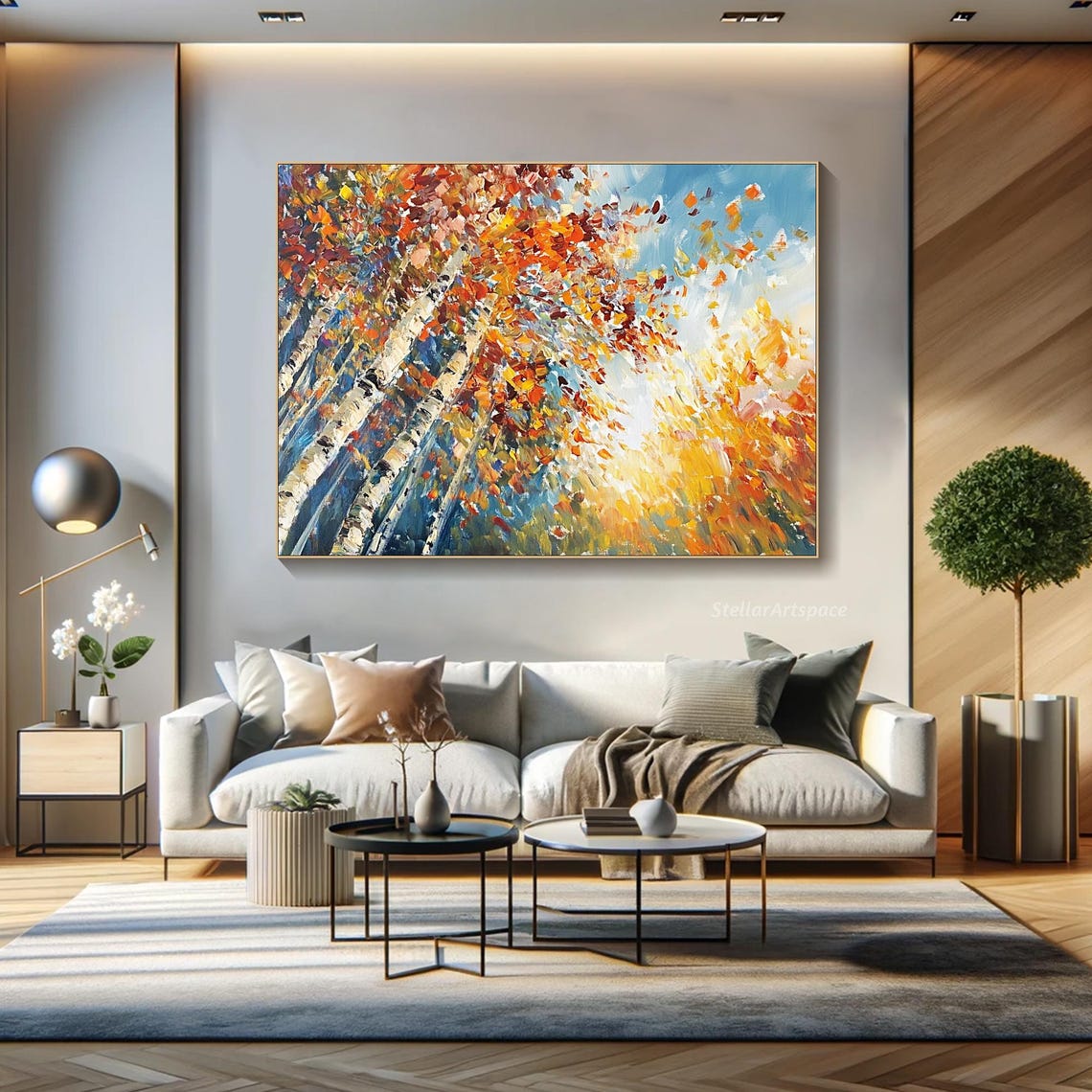 Autumn Birch Trees Orange Canopy Blue Sky Impasto Fall Art Poster - Image 3