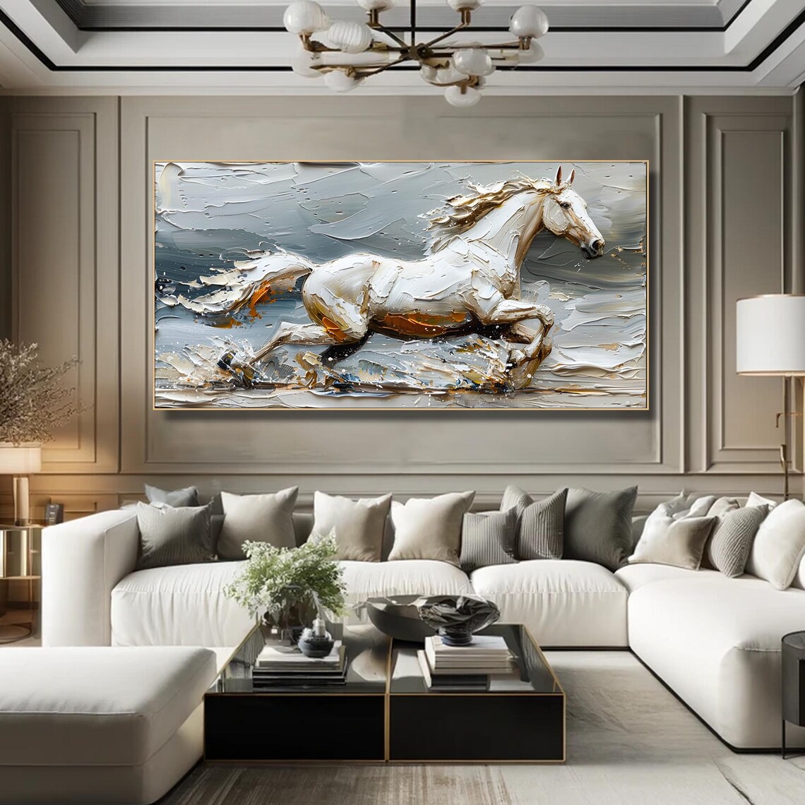 White Horse Galloping Gray Gold Impasto Textured Painting Wall Art - Image 6