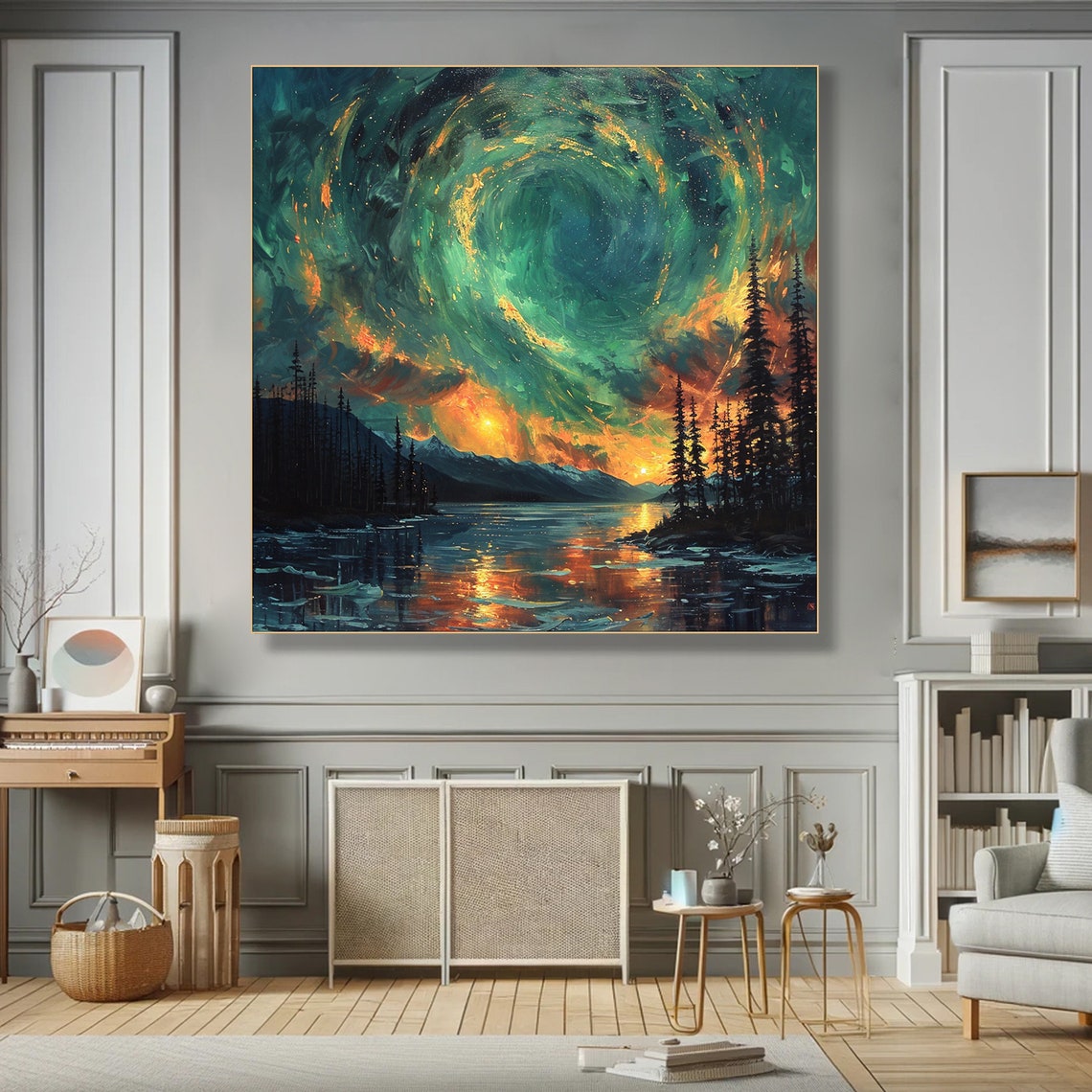 Northern Lights Aurora Night Sky Pine Lake Reflection Art Poster - Image 3