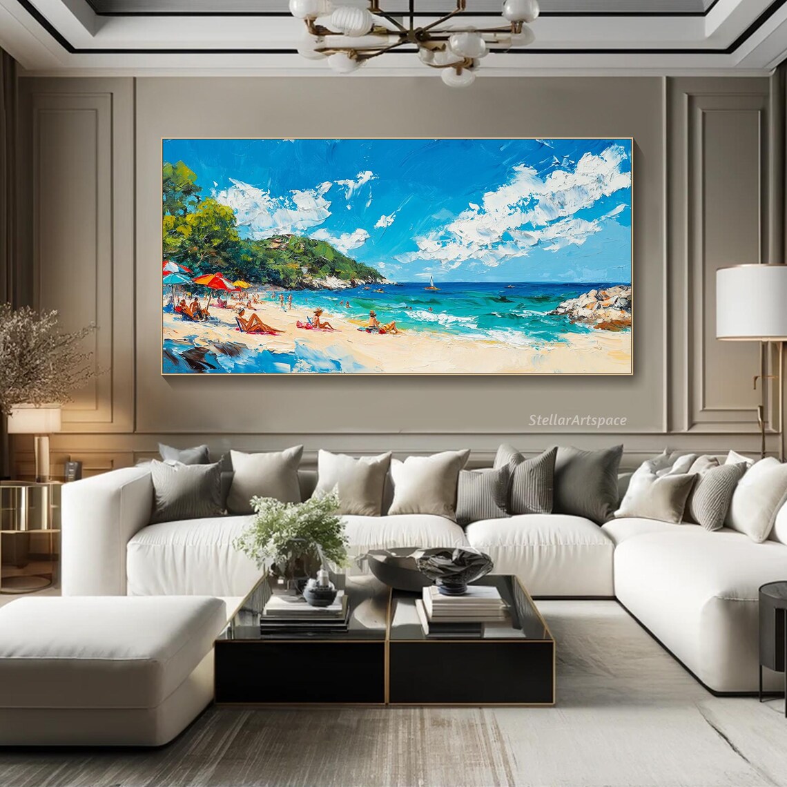 Sunny Beach Day Swimmers Sailboat Turquoise Bay Impasto Poster - Image 2