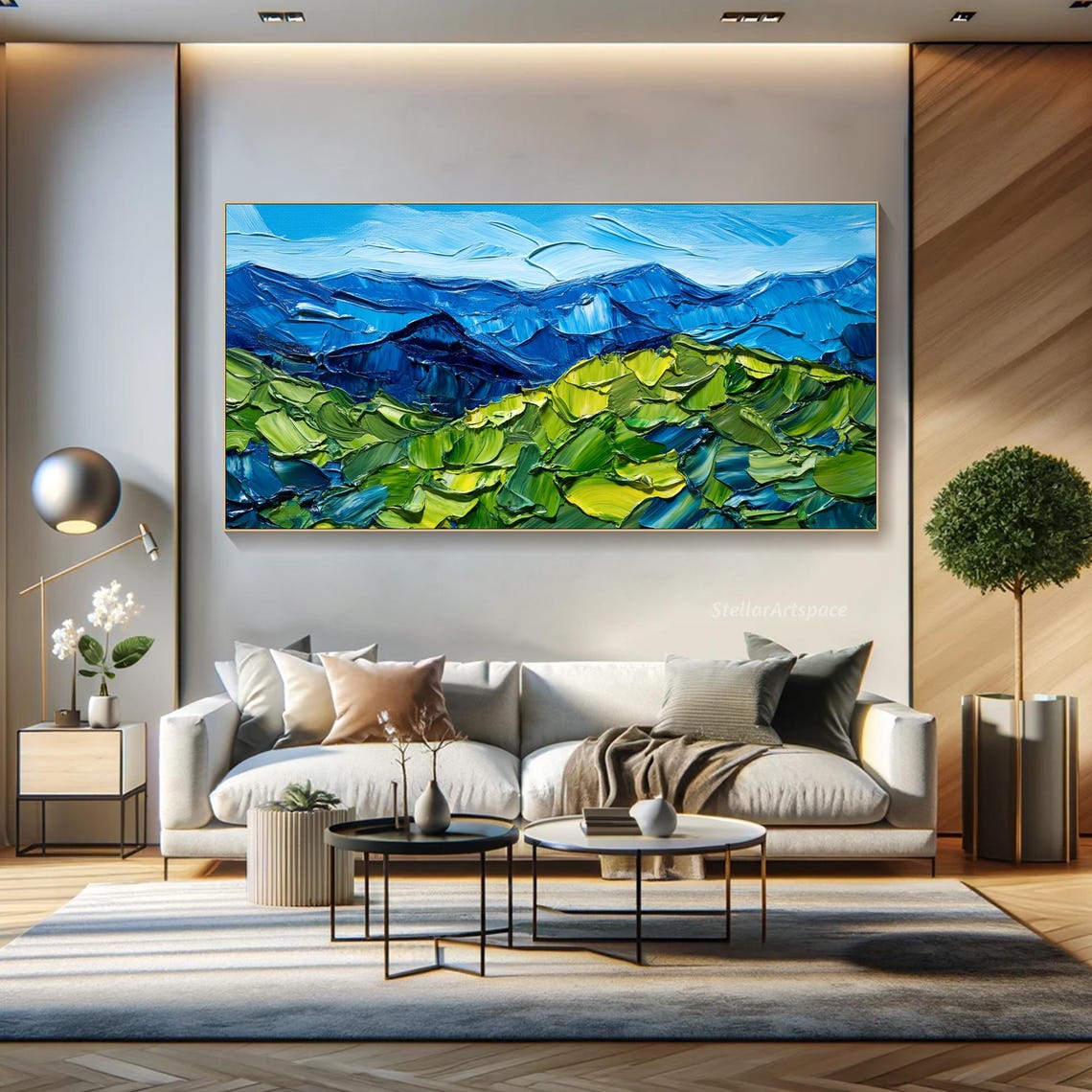Blue Green Mountain Peaks Palette Knife Textured Landscape Poster - Image 3