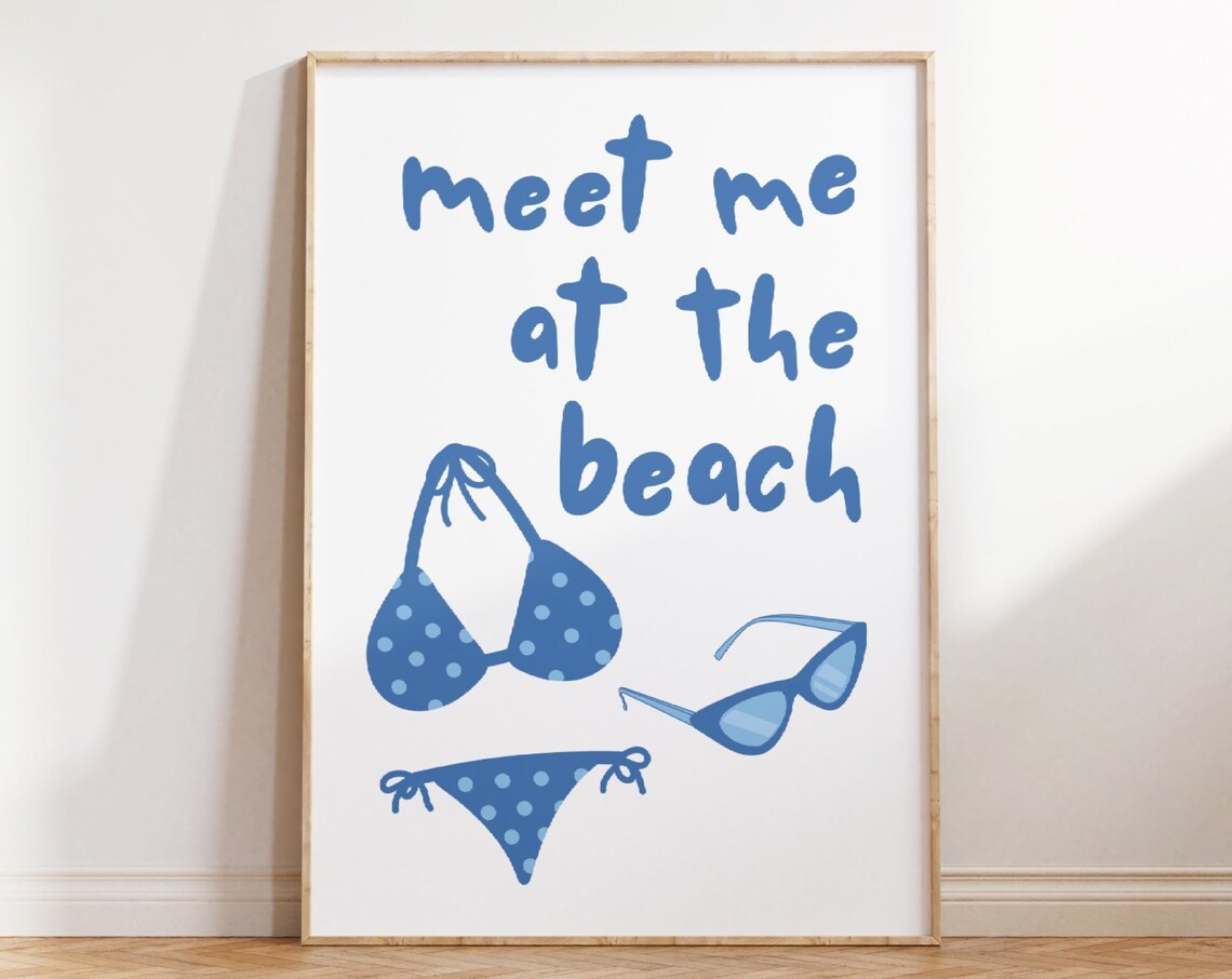 Meet Me at the Beach Blue Bikini Sunglasses Coastal Fun Poster
