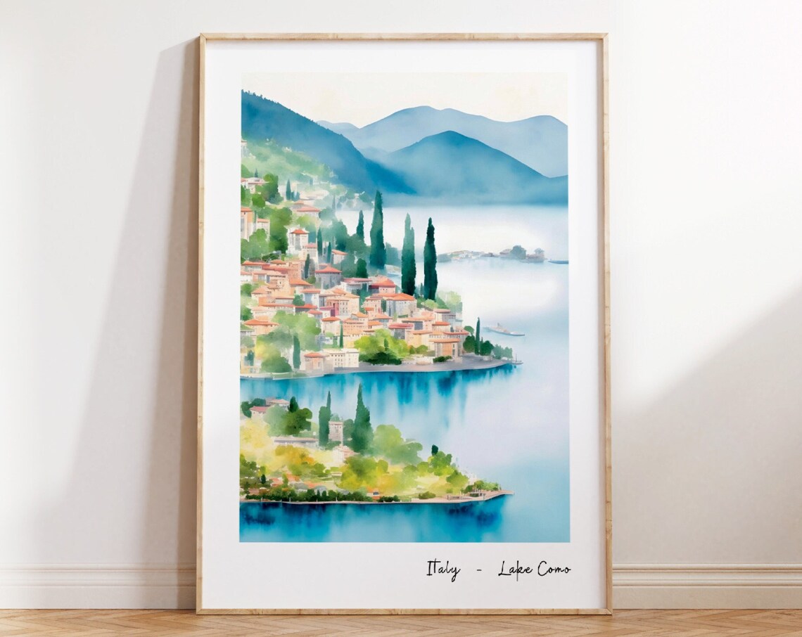 Lake Como Italy Watercolor Lakeside Italian Town Travel Poster
