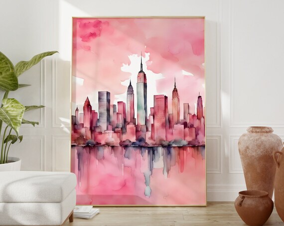 New York City Pink Watercolor Skyline Empire State Art Poster