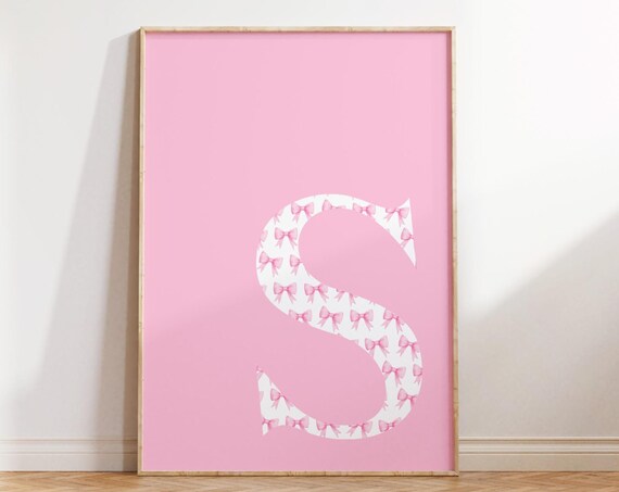 Letter S Poster Pink Bow Print Preppy Wall Art S Initial Print Cute Apartment Decor College Dorm Decor Blush Pink Art Bathroom Decor