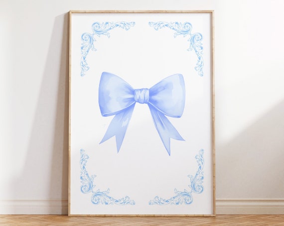 Blue Bow Print Vintage Bow Wall Decor Preppy Aesthetic Wall Art Blue Teen Room Decor College Apartment Decor Nursery Wall Art