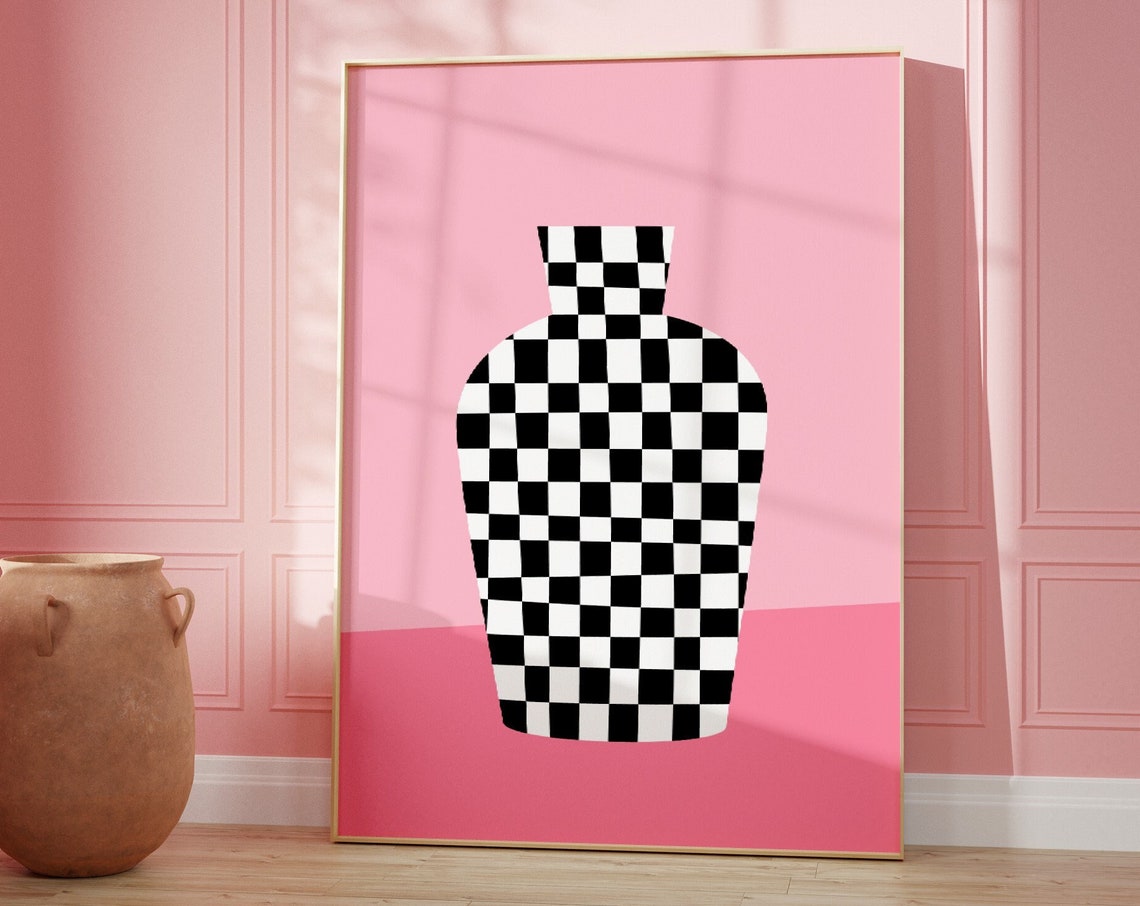 Checkered Black and White Vase Pink Background Scandi Poster