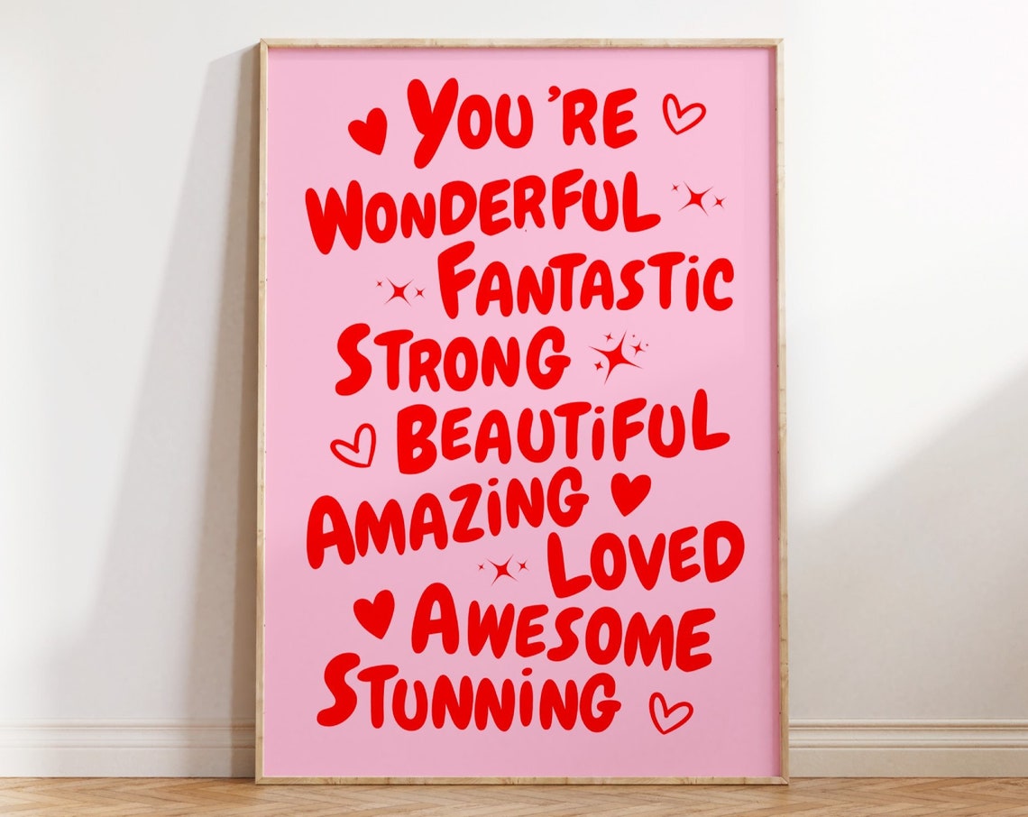 You Are Amazing Affirmations Poster Pink Red Words Positive Room Decor