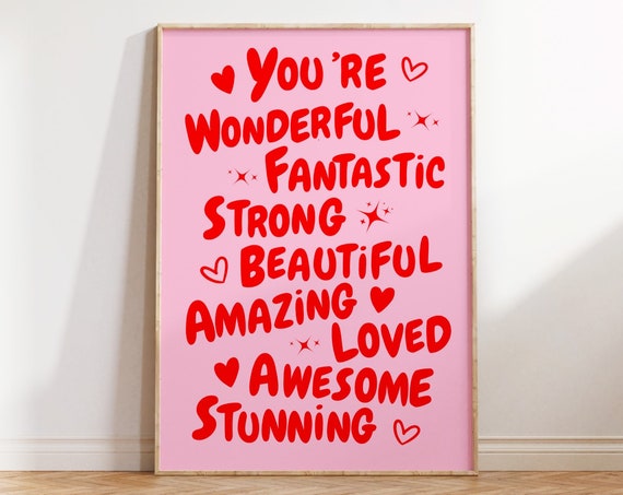 You Are Amazing Print Pink Red Preppy Wall Art 70s Pink Wall Art Affirmation Print Dorm Room Decor Trendy Art You Re Amazing