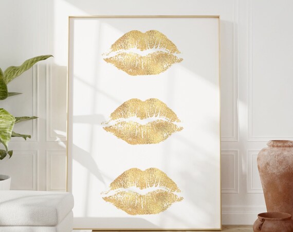 Three Gold Glitter Lips Kiss Marks Glam Preppy Bedroom Poster