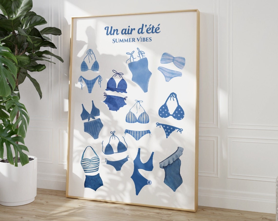 Un Air d'Ete Blue Bikini Watercolor Collage Summer Vibes Poster