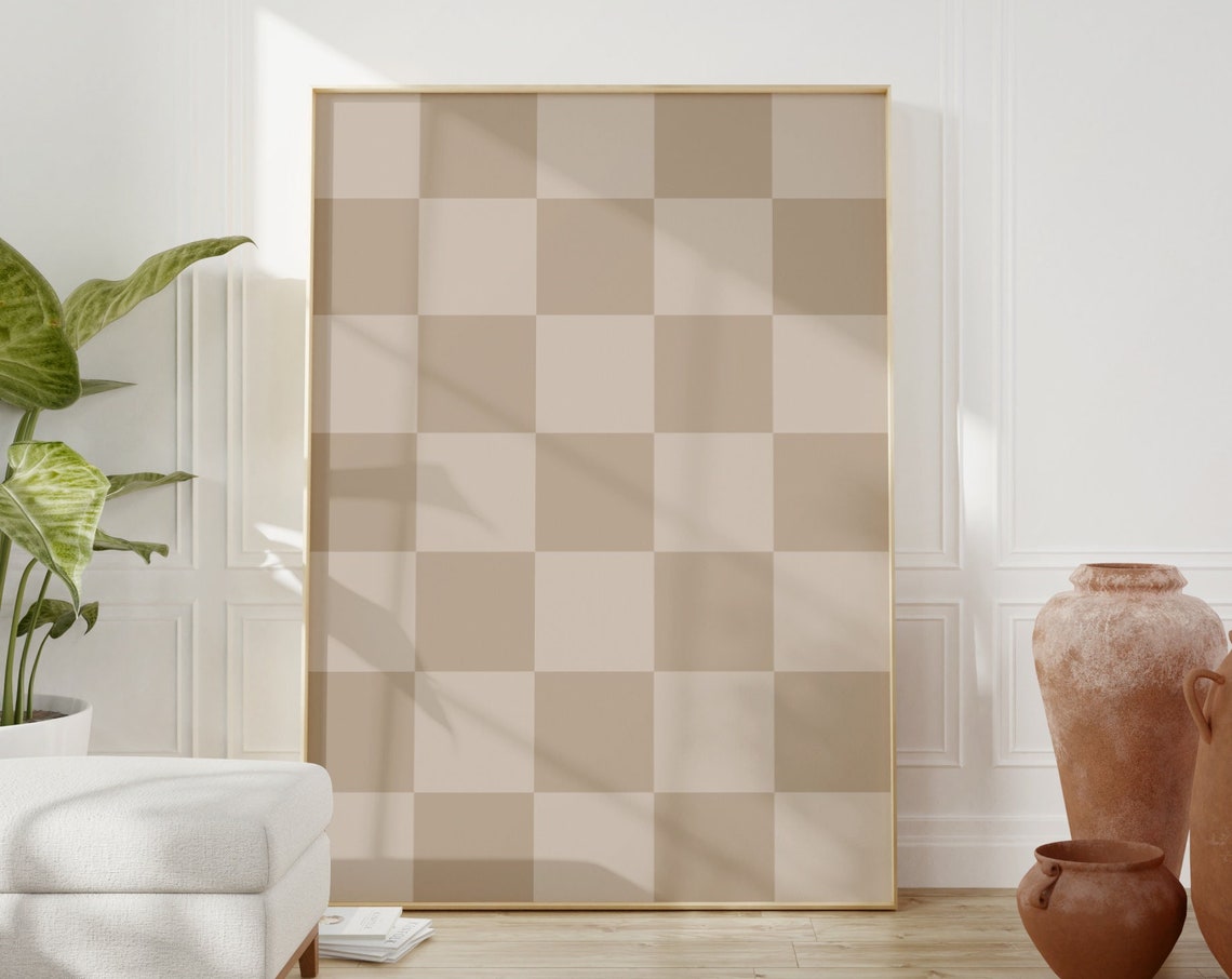 Beige Checkerboard Retro Pattern Poster Neutral Minimalist Dorm Decor