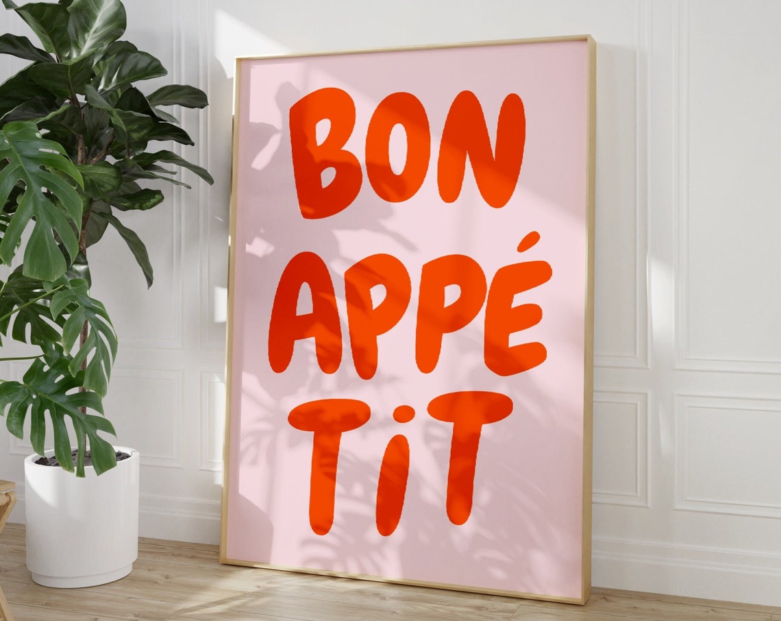 Bon Appetit Orange Pink Retro Kitchen Typography Quote Poster