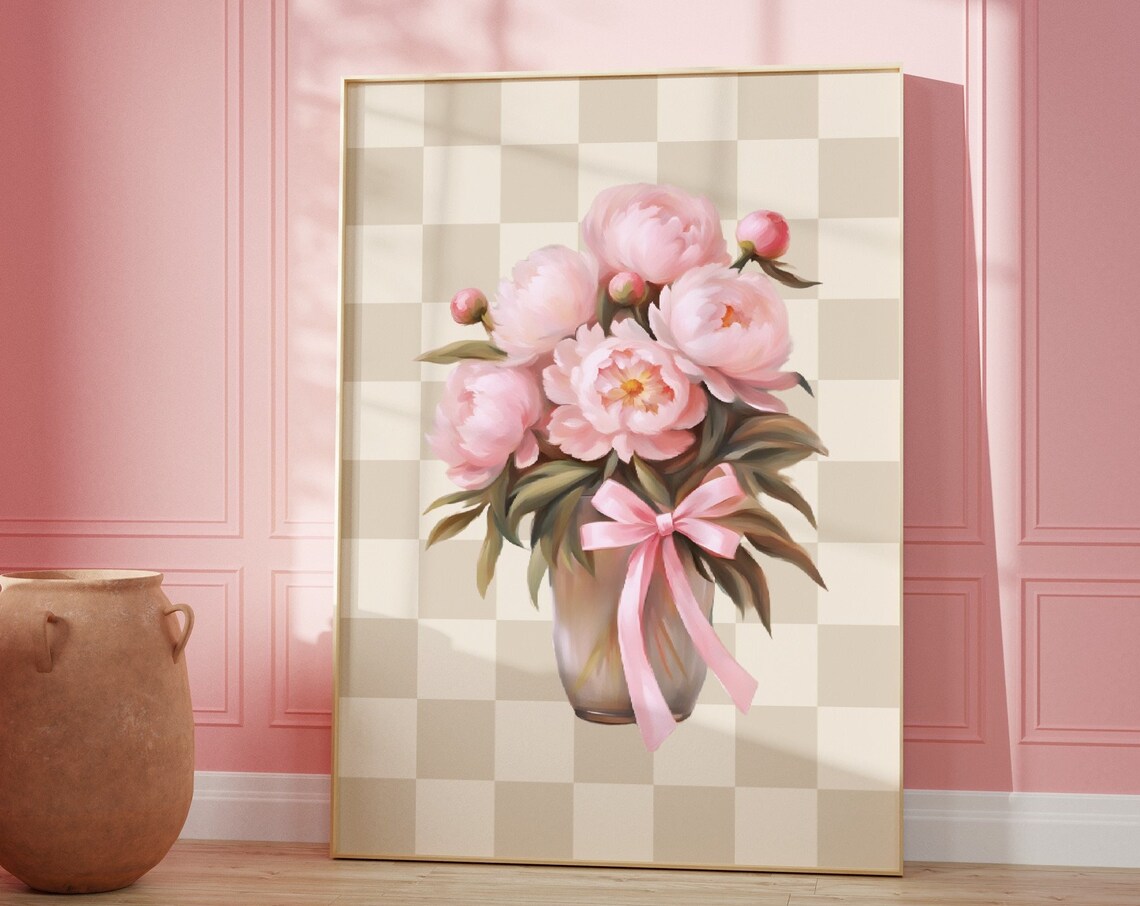 Pink Peonies Bow Vase Checkered Floral Still Life Coquette Poster