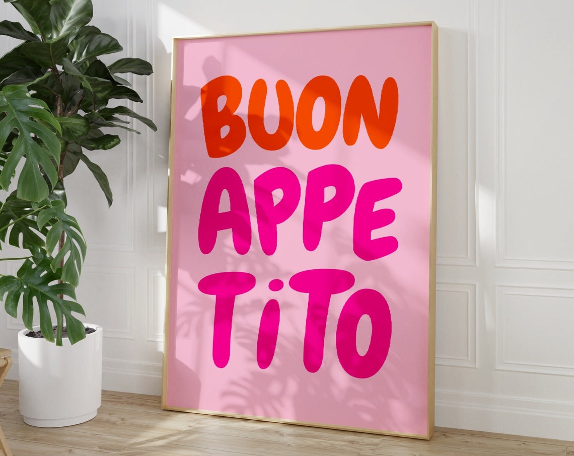 Buon Appetito Pink Typography Poster Italian Kitchen Phrase Wall Decor