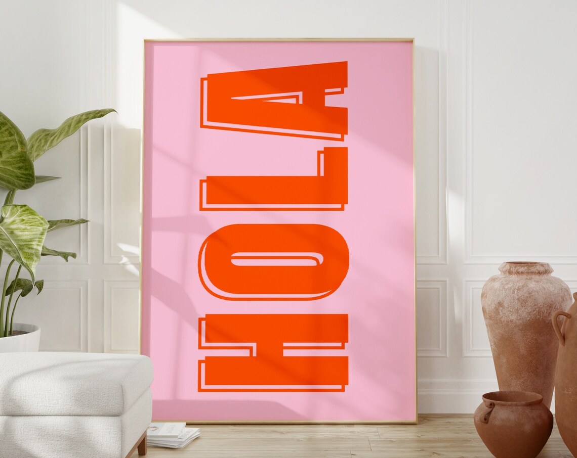 Hola Quote Print, Pink Orange Retro Typography