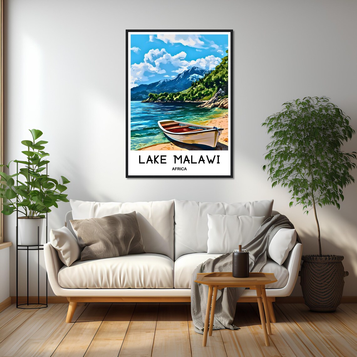 Lake Malawi Africa Beach Poster with Wooden Boat and Mountains - Image 2