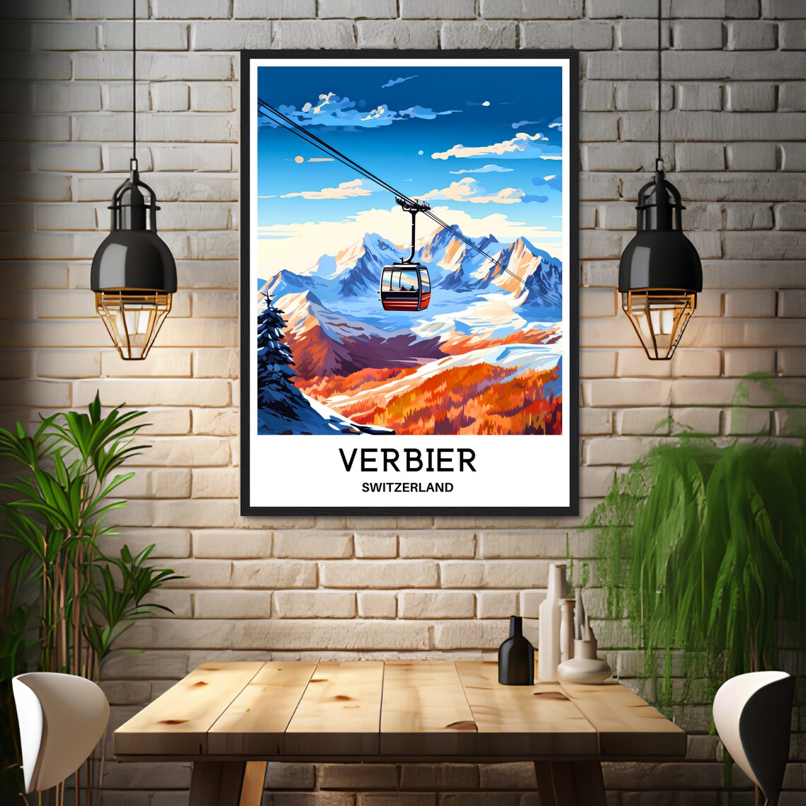 Verbier Switzerland Cable Car Alpine Ski Resort Travel Poster - Image 3
