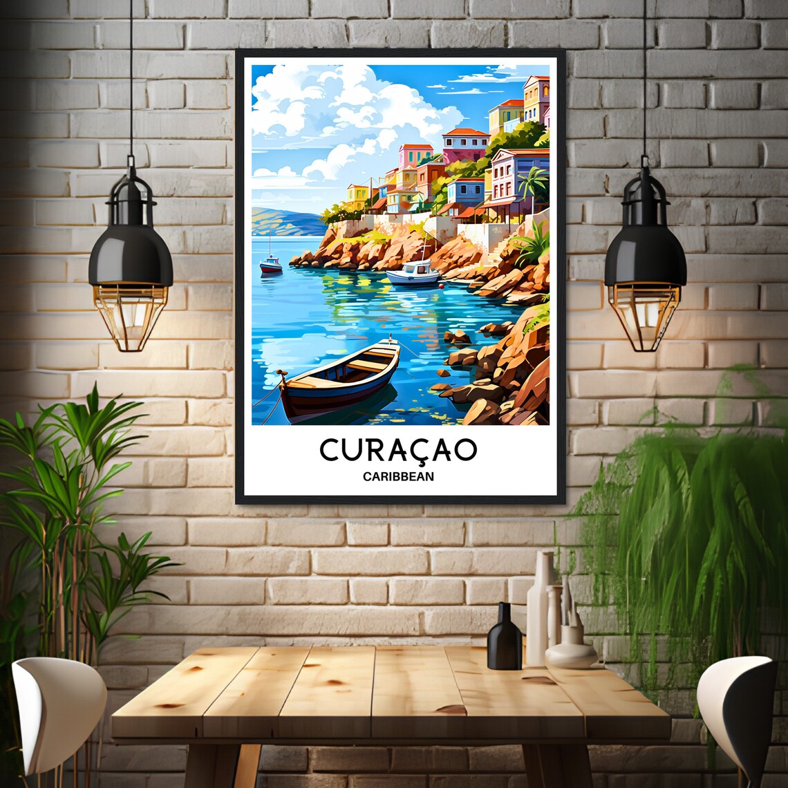 Curacao Caribbean Colorful Hillside Harbor Boats Island Travel Poster - Image 3